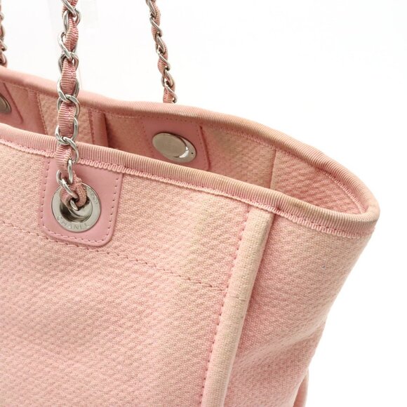 Authentic CHANEL CC Deauville Tote MM Pink White Canvas Chain Shoulder Bag - Picture 7 of 8